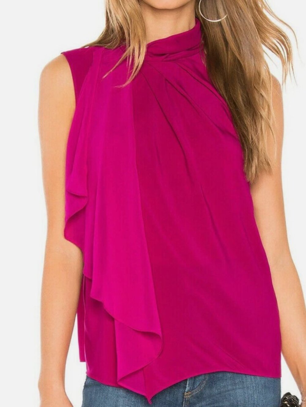 Parker Azalea Fuschia Classy Ruched Drapey Sleeveless High Neck Blouse Top S